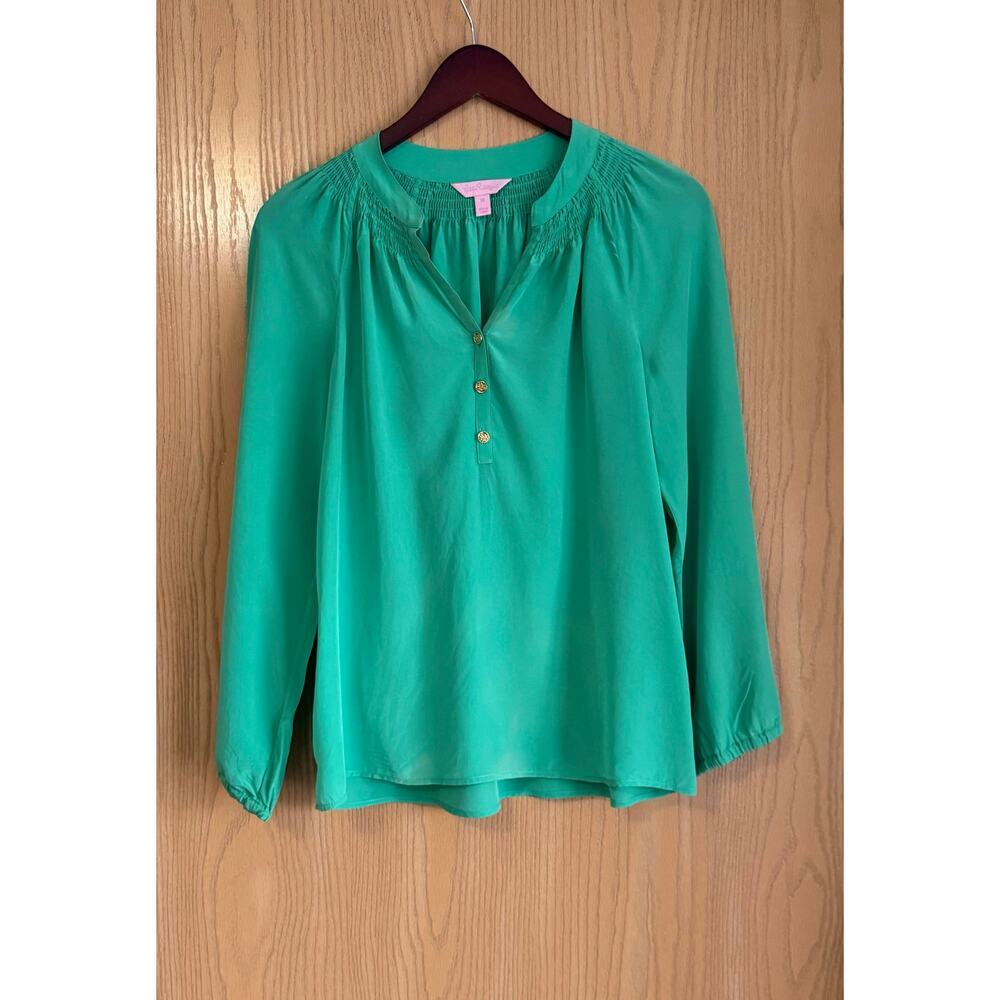 Lilly Pulitzer | SZ XS | Green Elsa Silk Top Solid Long Sleeve Blouse | As Is